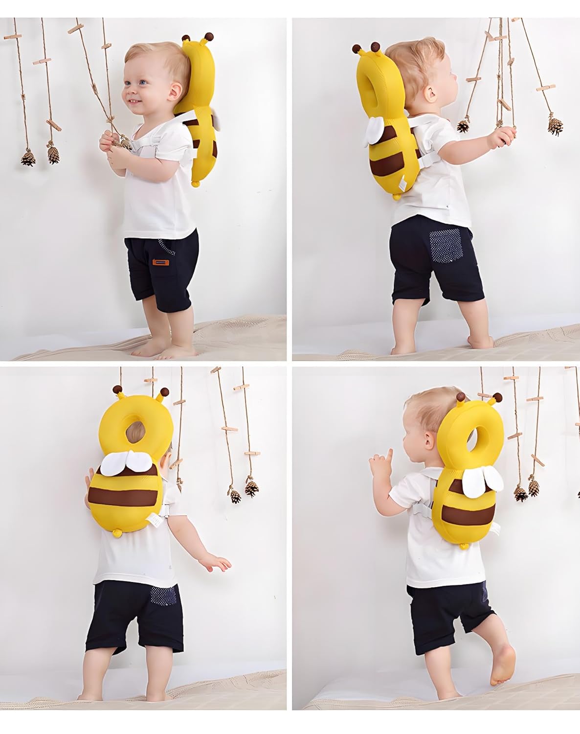 Baby Head Protector Backpack - Adjustable Toddler Head Safety Cushion & Safety Pad for Crawling & Walking Babies, Shock-Absorbent Soft Plush Material, Infant Fall Protection - Honeybee Yellow