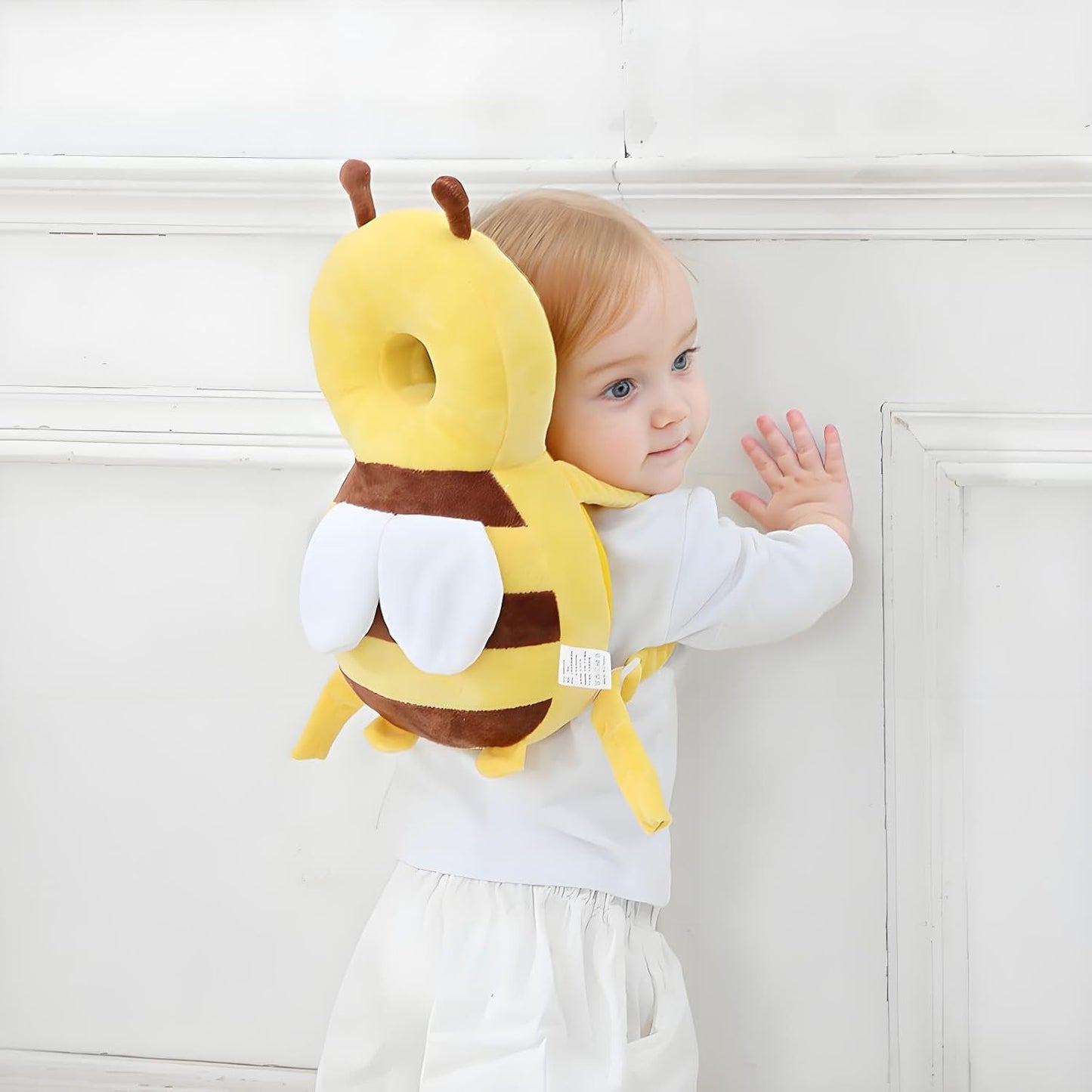 Baby Head Protector Backpack - Adjustable Toddler Head Safety Cushion & Safety Pad for Crawling & Walking Babies, Shock-Absorbent Soft Plush Material, Infant Fall Protection - Honeybee Yellow
