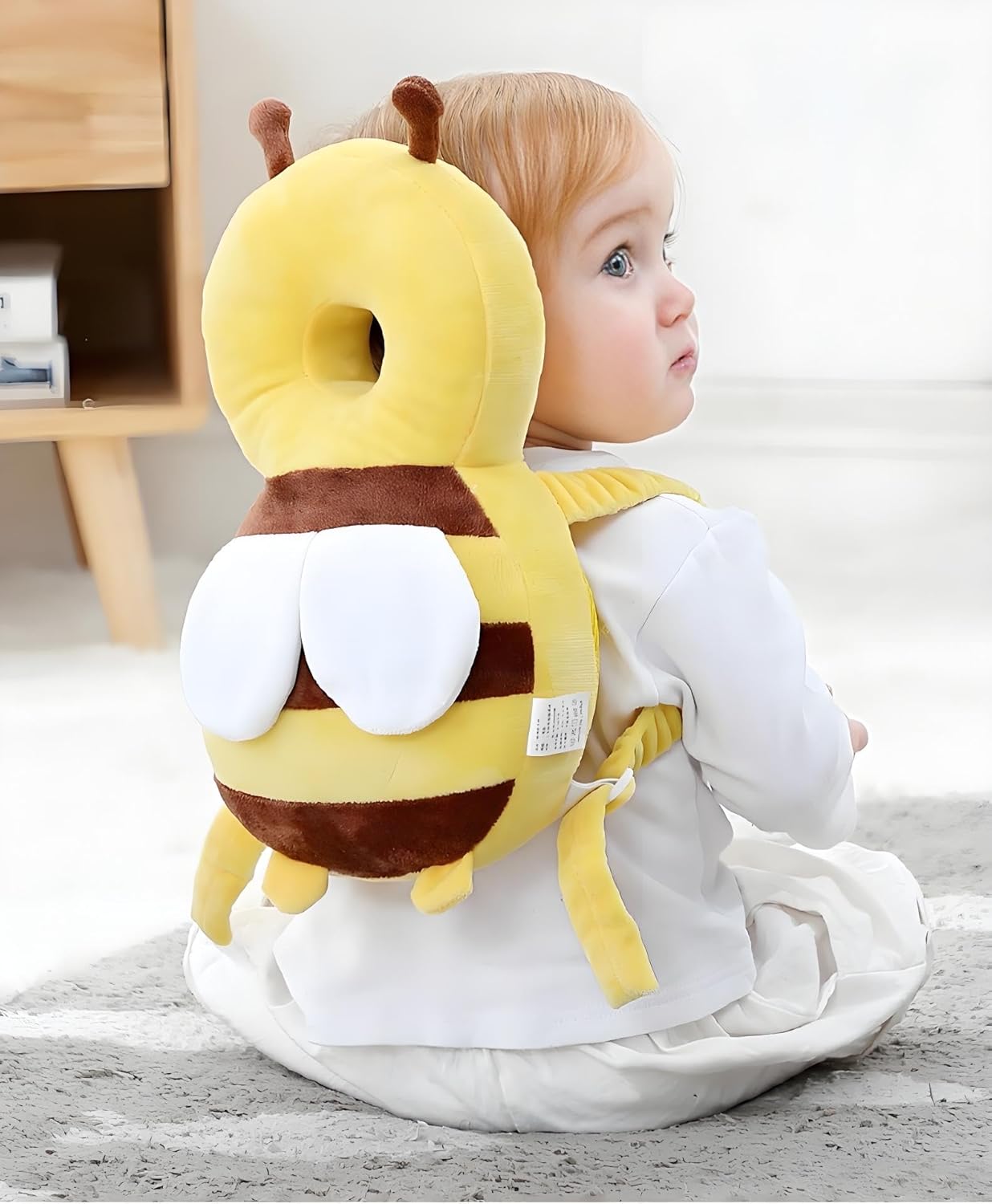 Baby Head Protector Backpack - Adjustable Toddler Head Safety Cushion & Safety Pad for Crawling & Walking Babies, Shock-Absorbent Soft Plush Material, Infant Fall Protection - Honeybee Yellow