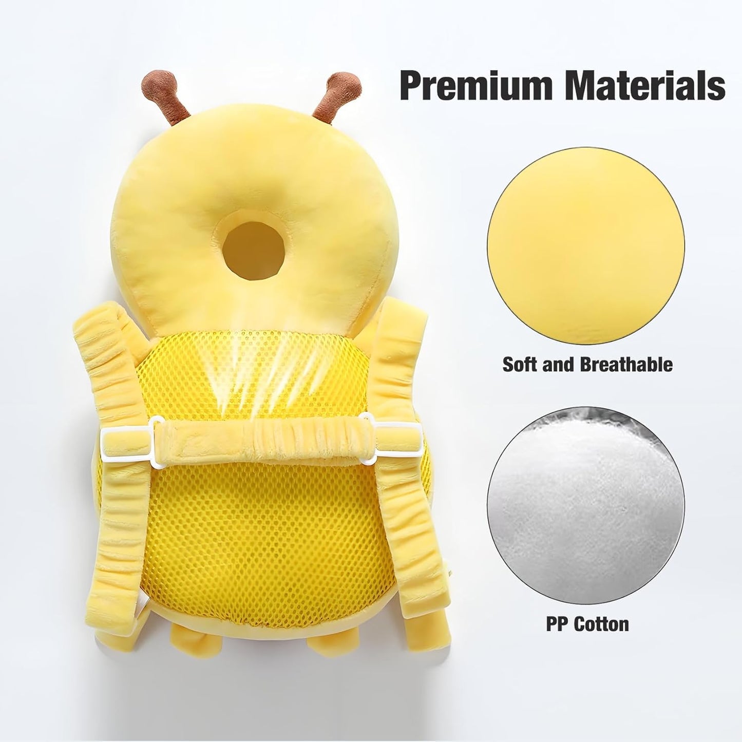 Baby Head Protector Backpack - Adjustable Toddler Head Safety Cushion & Safety Pad for Crawling & Walking Babies, Shock-Absorbent Soft Plush Material, Infant Fall Protection - Honeybee Yellow