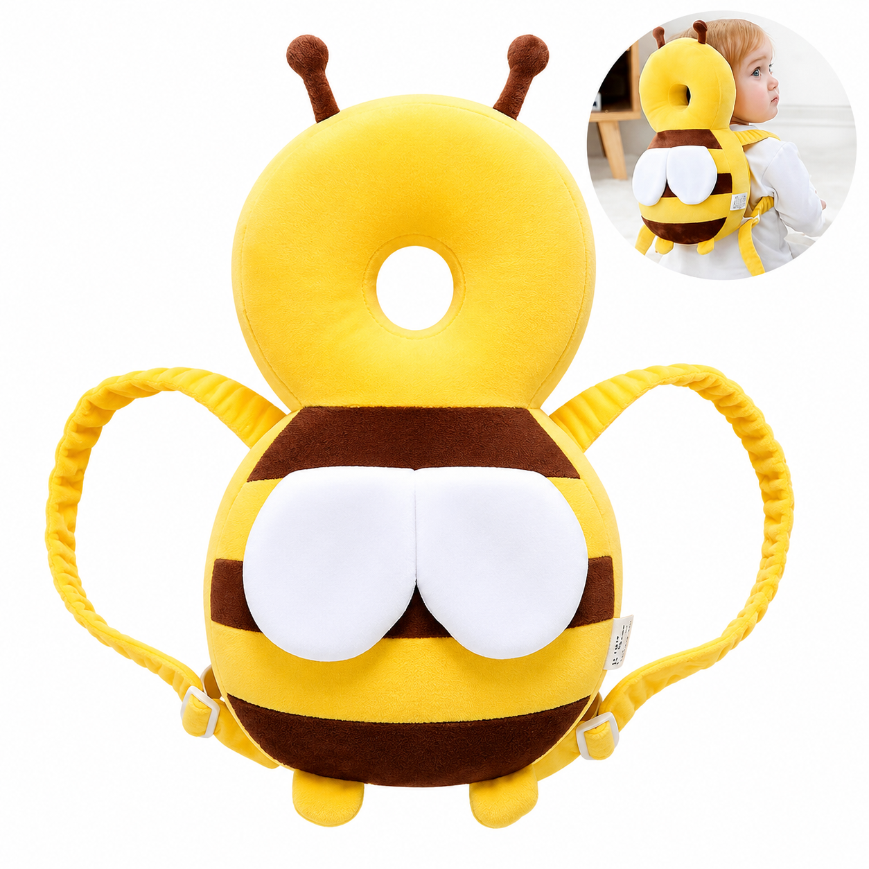 Baby Head Protector Backpack - Adjustable Toddler Head Safety Cushion & Safety Pad for Crawling & Walking Babies, Shock-Absorbent Soft Plush Material, Infant Fall Protection - Honeybee Yellow